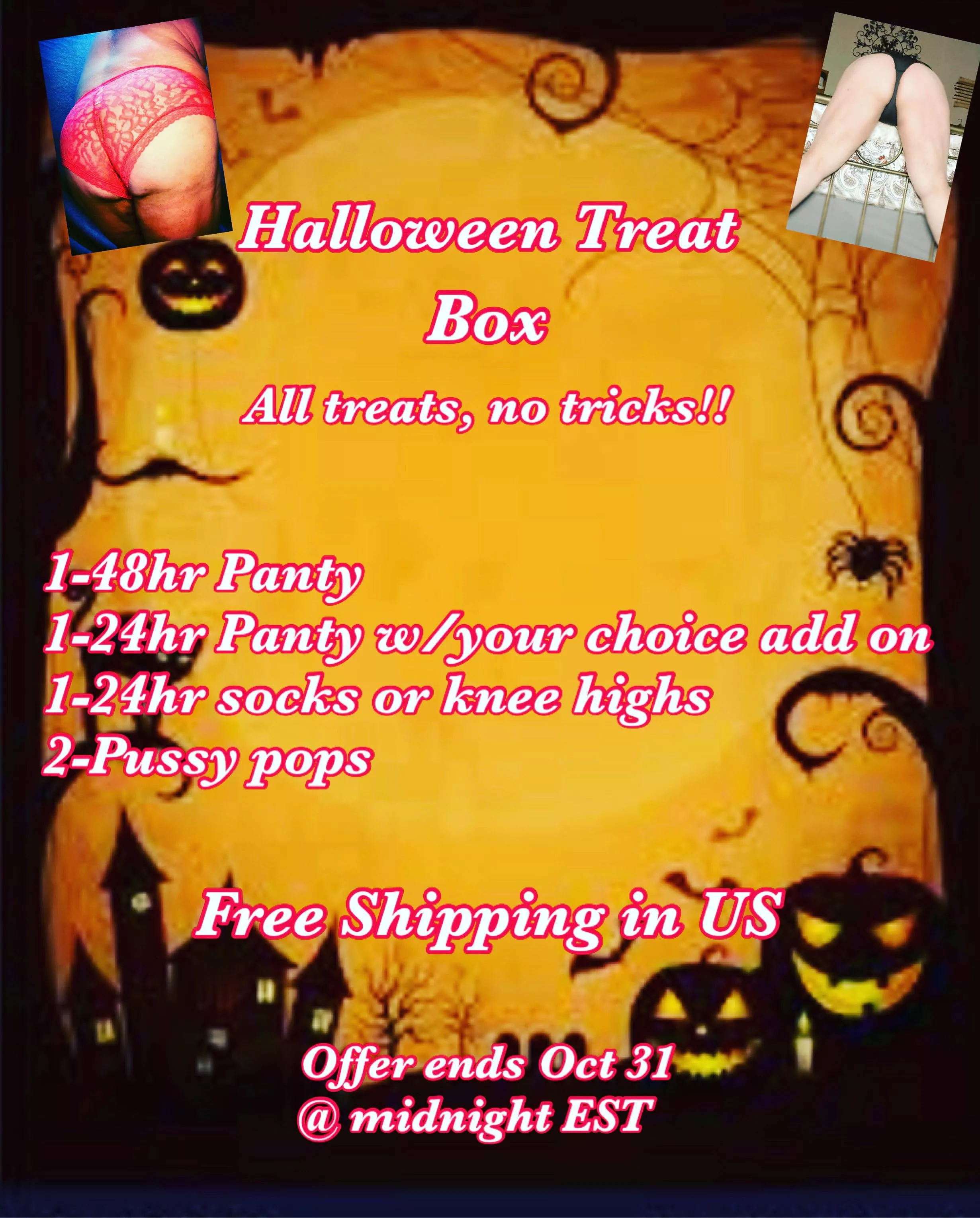 [selling] All treats, no tricks! Spooky season is almost here, why not let me treat you? Only $65.00. Book them quick!