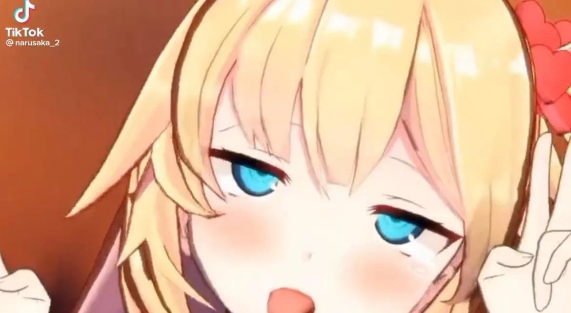 LF Color Source: Akai Haato, blue eyes, blonde, blushing, ahegao, red hearts, peace sign