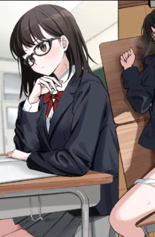 LF color source: 1girl, black hair, short hair, eye glasses, school uniform, panties around one leg, spread legs