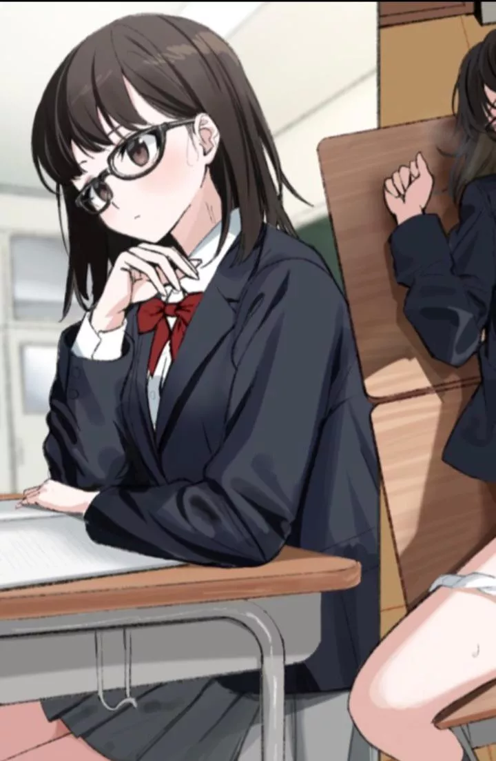 LF color source: 1girl, black hair, short hair, eye glasses, school uniform, panties around one leg, spread legs