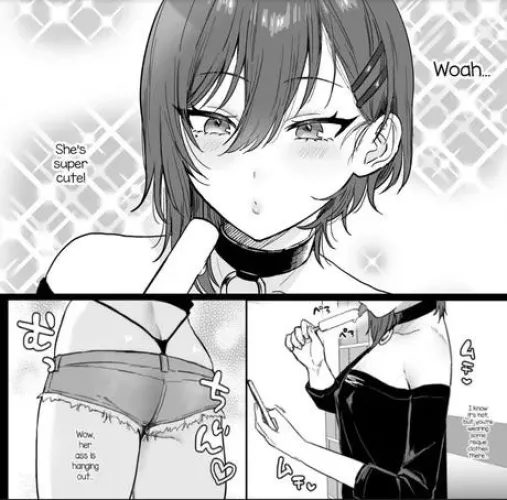 LF Mono Source: “Woah…”, “She’s super cute!”, 1girl, choker, short shorts, thong, eating ice cream, looking at cellphone