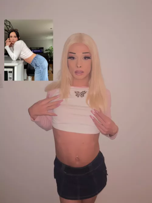 me 6 months ago on the top corner vs me now, blonde hair, lip fillers, botox on the forehead, longer nails and now on hrt🎀 can't wait to get more fillers and big fake tits💅🏻💖💋