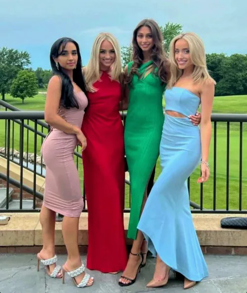 My best friends much younger step-sister(red dress) with her best friends wearing their prom dresses💯🔥👏👍 Please rank them👍