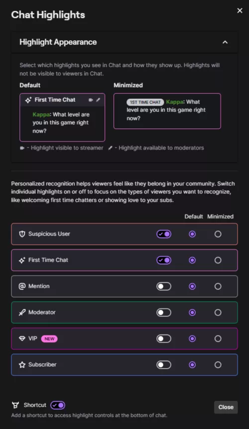 New Chat Highlights settings button under chat