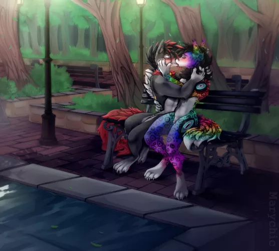This is a commission I made for a discord user of his character (left) and his parnter character (right) kissing and sitting in a bank of a park uvu I hope you like it (Art made by Marychic3908)