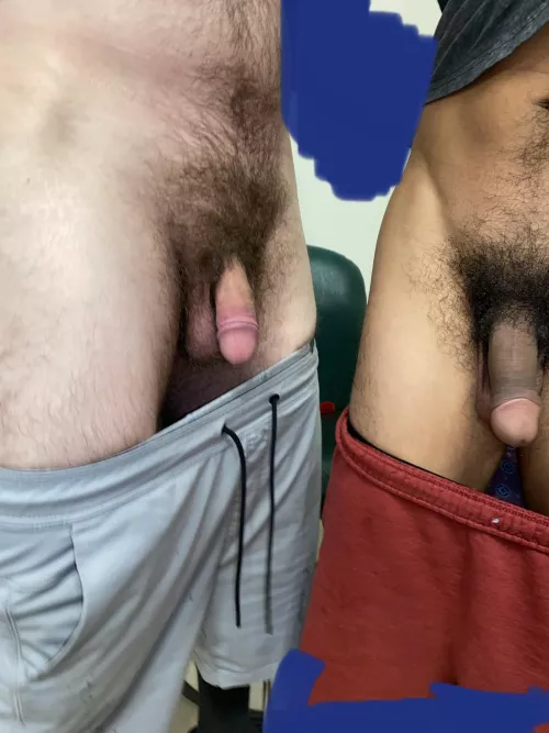 Wife was in the other room, but couldn’t resist pulling our cocks out a little