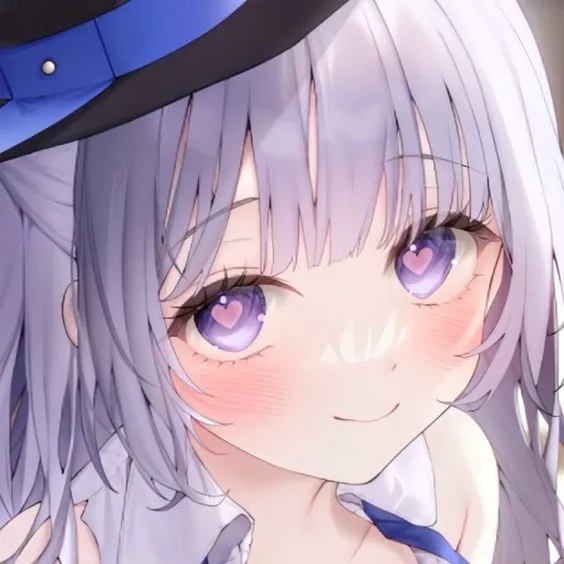 LF Color source: 1girl, purple hair, purple eyes, full bangs, heart shaped pupils, white clothes, looking at viewer, blue striped black hat, tied hair, close-up shot