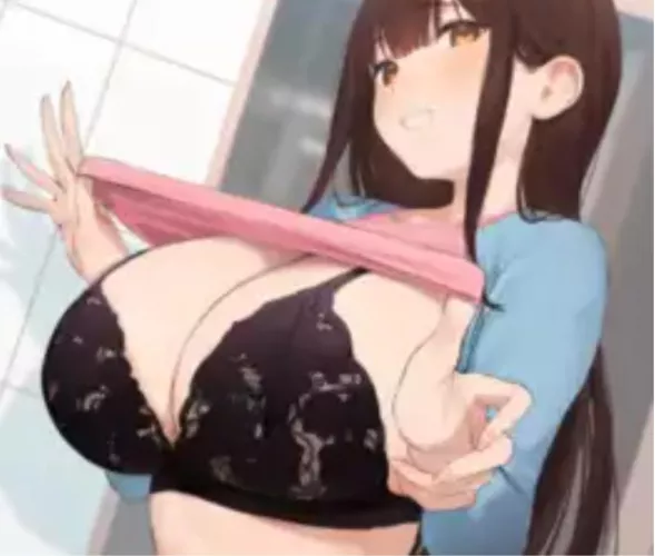 LF color source: 1girl, long hair, brown hair, breasts out of clothes, black bra, long sleeves, pink shirt