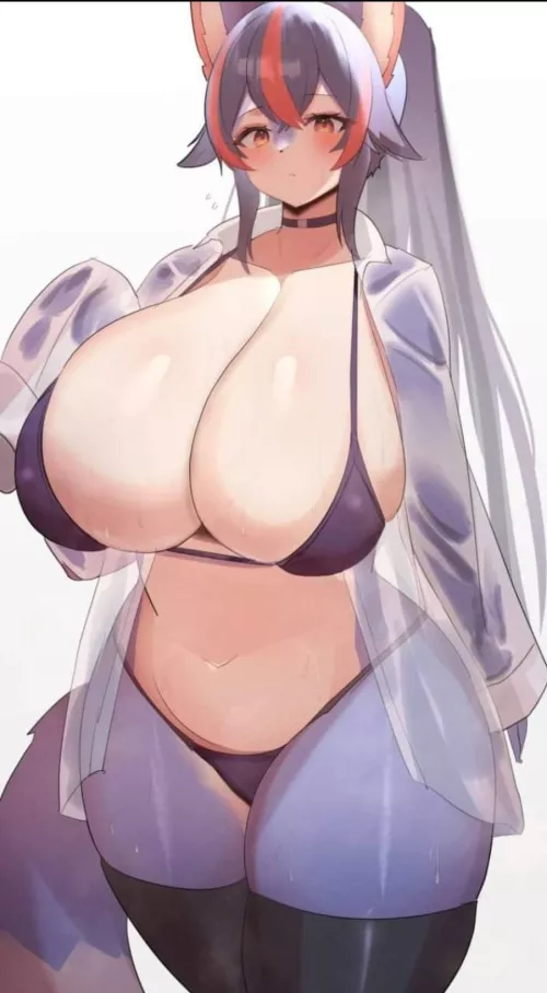 LF Color Source: Huge Breasts, Open Shirt, Anthro, 1Girl, Tail, Choker, Underwear, Thigh Socks, Red Highlights