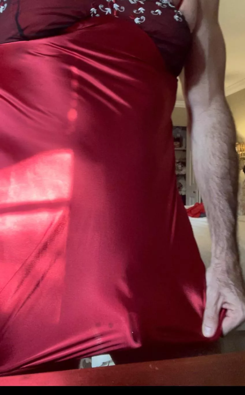 51. Did I like when the big hung stud made me model in wife’s silky lingerie today. Well it seems the cum leak in the red outfit would say yes. Hope some find this sexy and not too off the deep end.