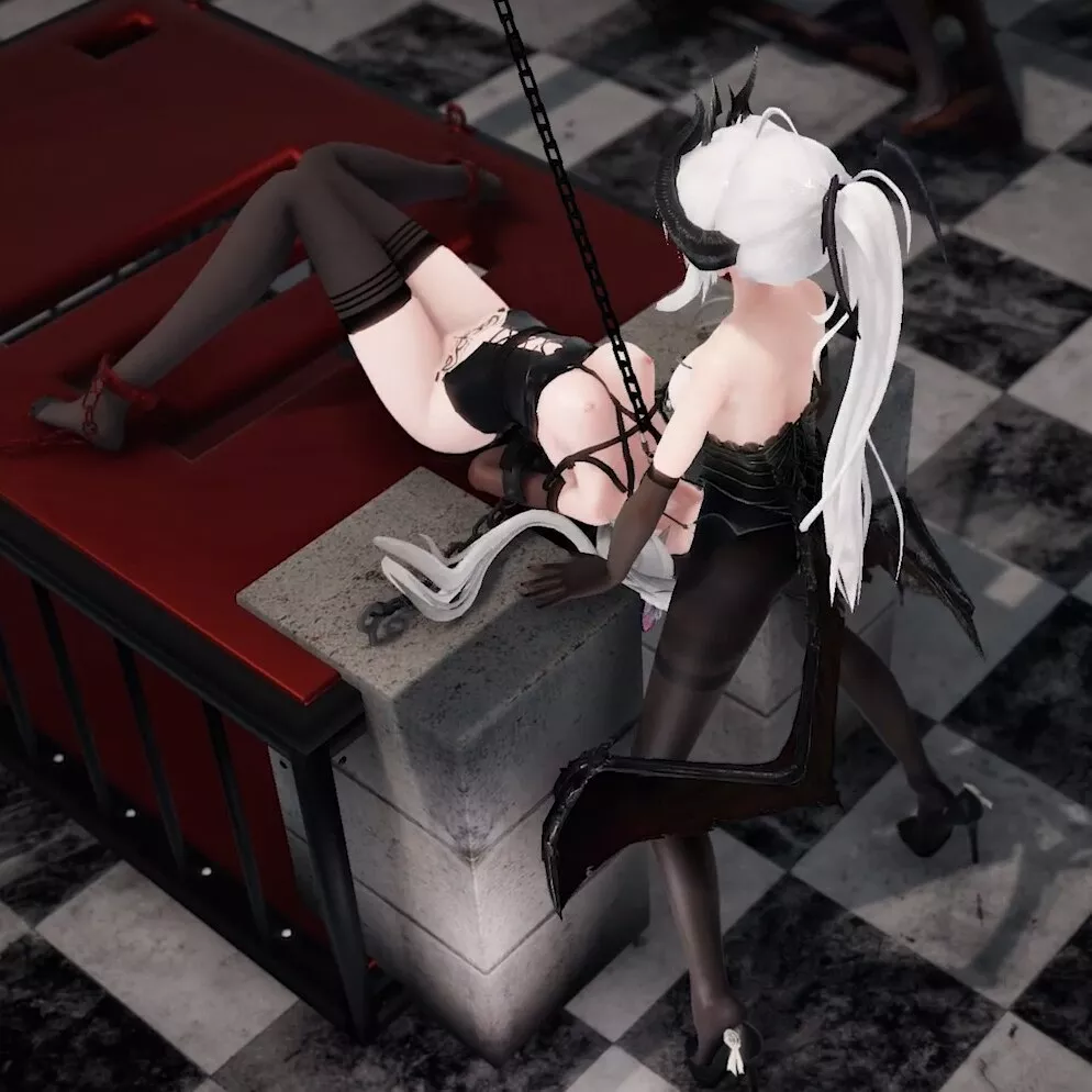 LF Color Source: 2girls, bondage, futanari, white hair, deep throat, mmd, black clothing, no text