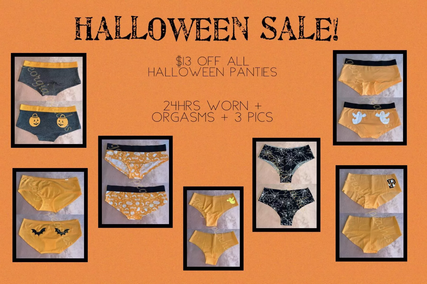🧡🖤 NOTHING SPOOKY ABOUT THIS SALE🖤🧡 order any of my halloween themed panties & get $13 off 🎃 24hr wear or more 🎃 orgasms 🎃 3 pics 🎃 fetish friendly add ons available 🎃 [US] shipping/tracking info [PTY] [SELLING] message me 