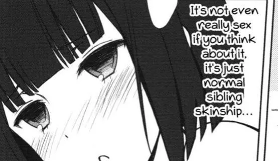 LF Mono Source: 1girl, text “its not even really sex if you think about it. its just normal sibling skinship...”, short hair, blushing, monochrome