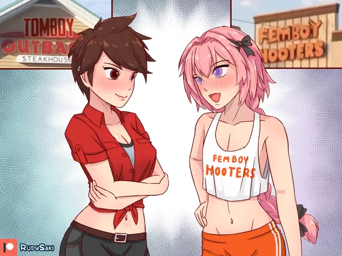 Femboy Hooters Astolfo and Tomboy Outback Tracer (rudysaki)