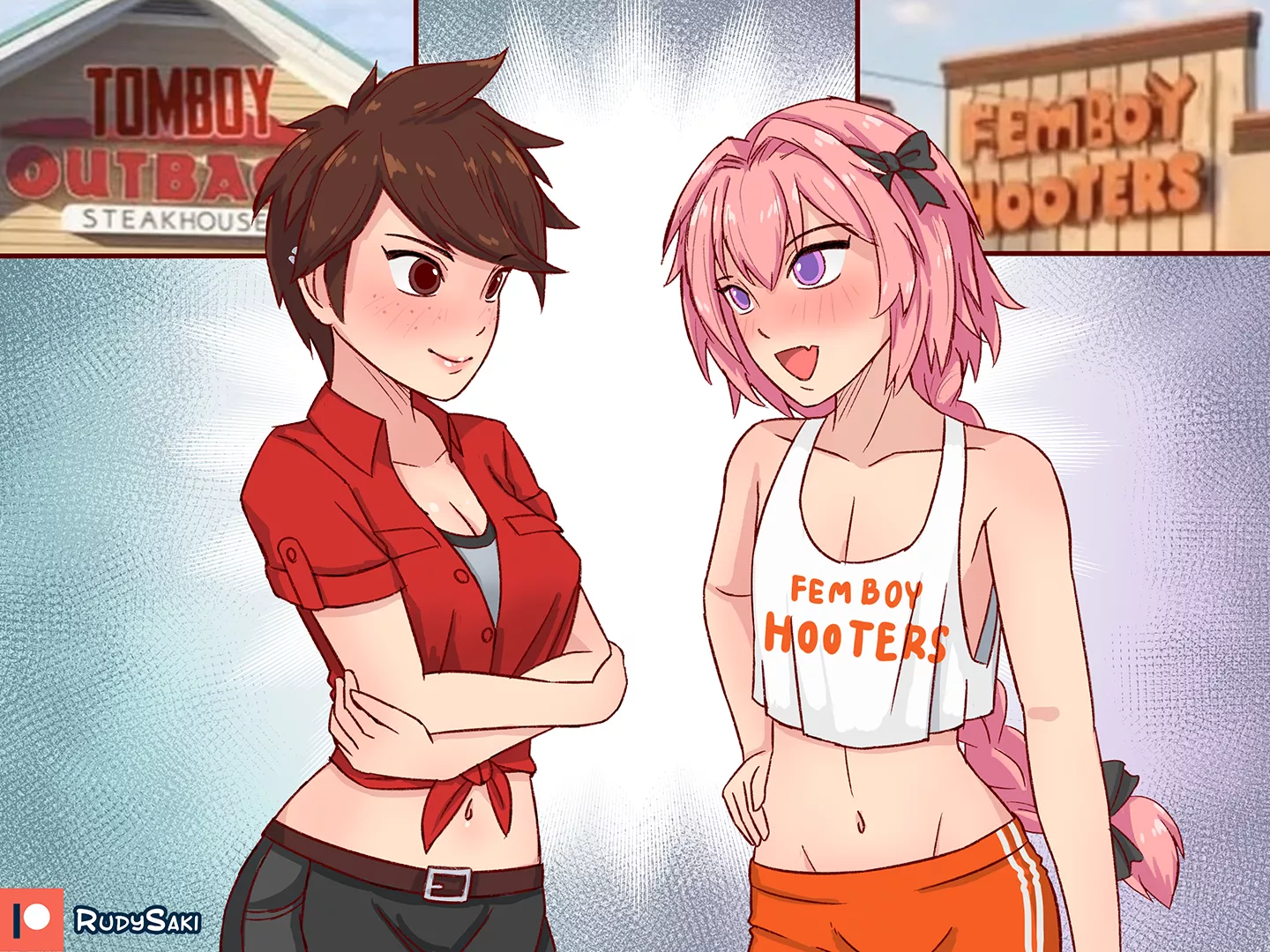 Femboy Hooters Astolfo and Tomboy Outback Tracer (rudysaki)