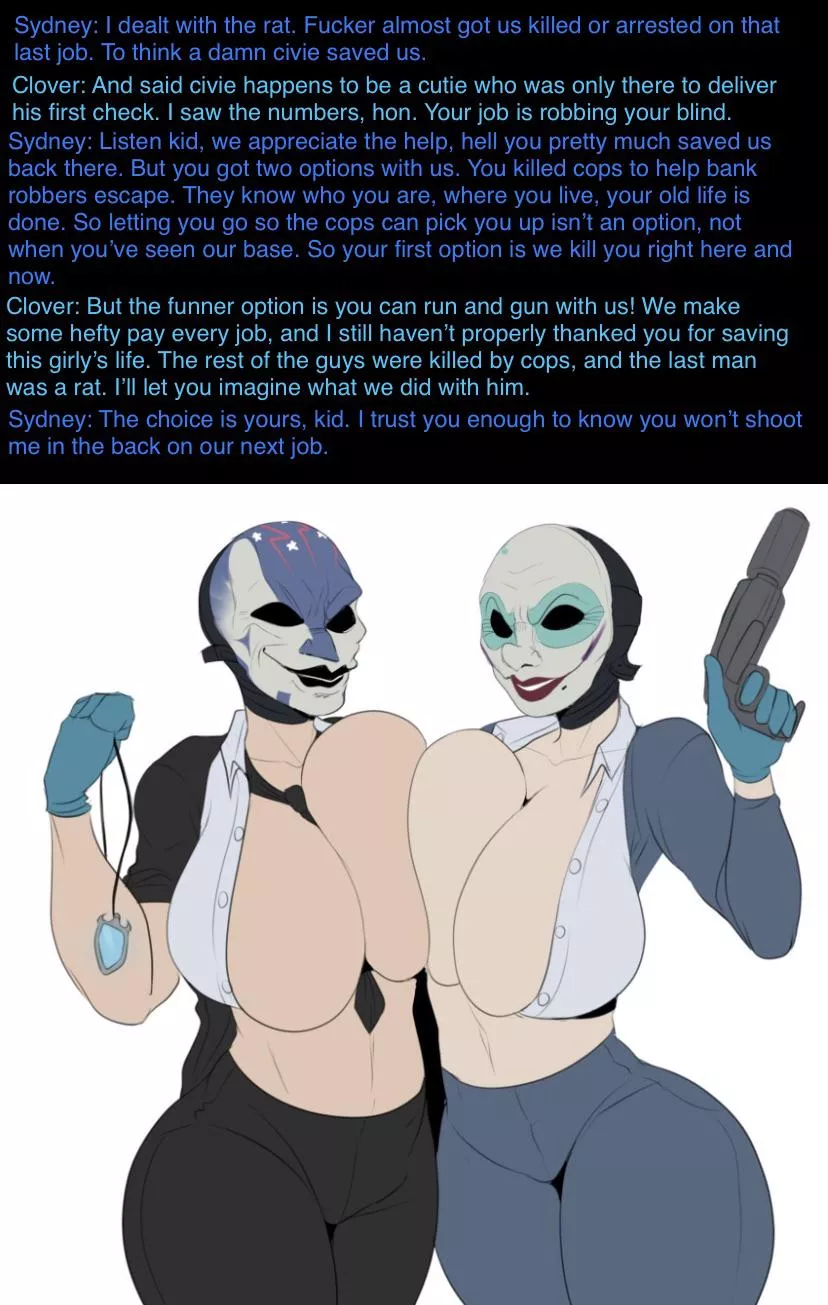 Grateful Bank Robbers (Milf) (big breasts) (open shirts) (masks) (guns) (job offer) [Artist: Krekk0v]