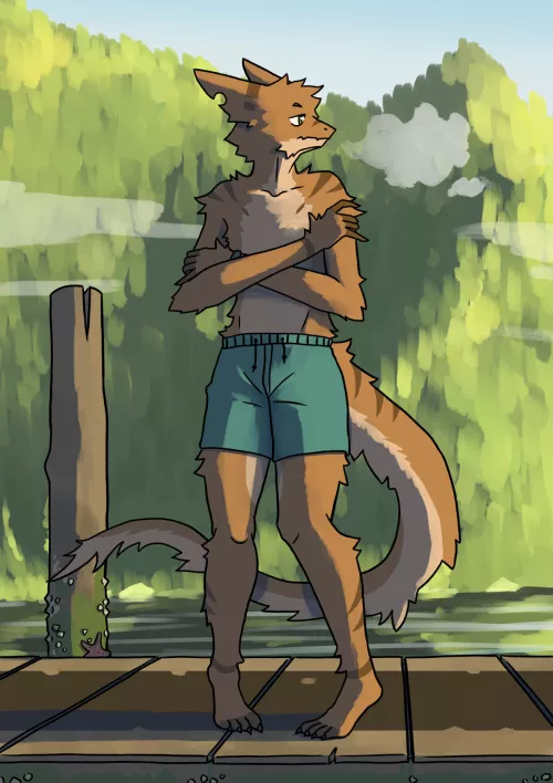 Early morning dip, (probably one of the very few times I draw a character shirtless)
