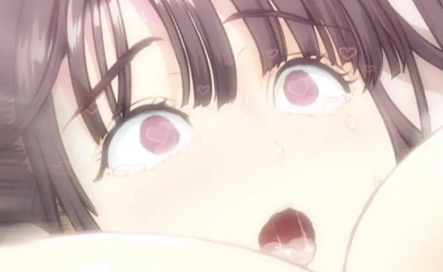 LF Color Source: Ahegao face, black hair, unusual pupils, heart pupils, open mouth, tongue out, steam, heart bubbles, black eyebrows, black eyelashes, bangs, purple-ish eyes