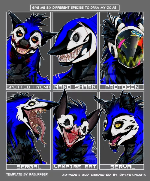 six species meme with OC Freekazaur (originally a psyraptor)