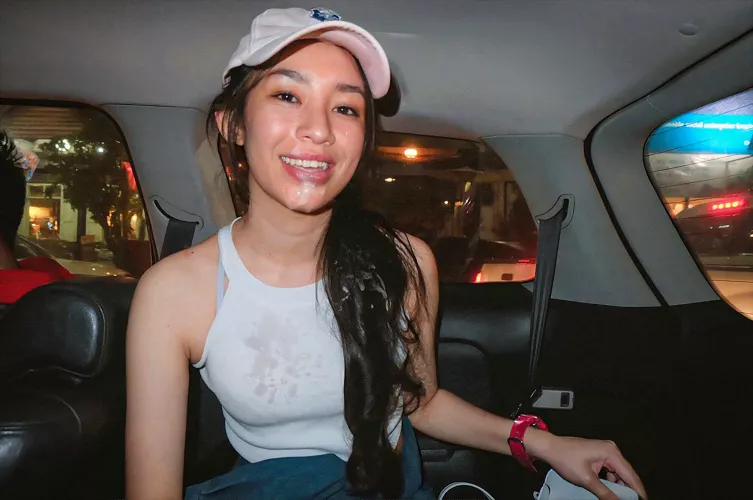Cute asian being a cumslut behind friend's driving car