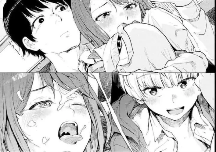 Mono: 2girls ,1boy, dark hair, short white hair, hand under boobs, from below, 2 frames, tongue out, teeth, blushing, saliva, cum, bra, shirt, collar, jacket