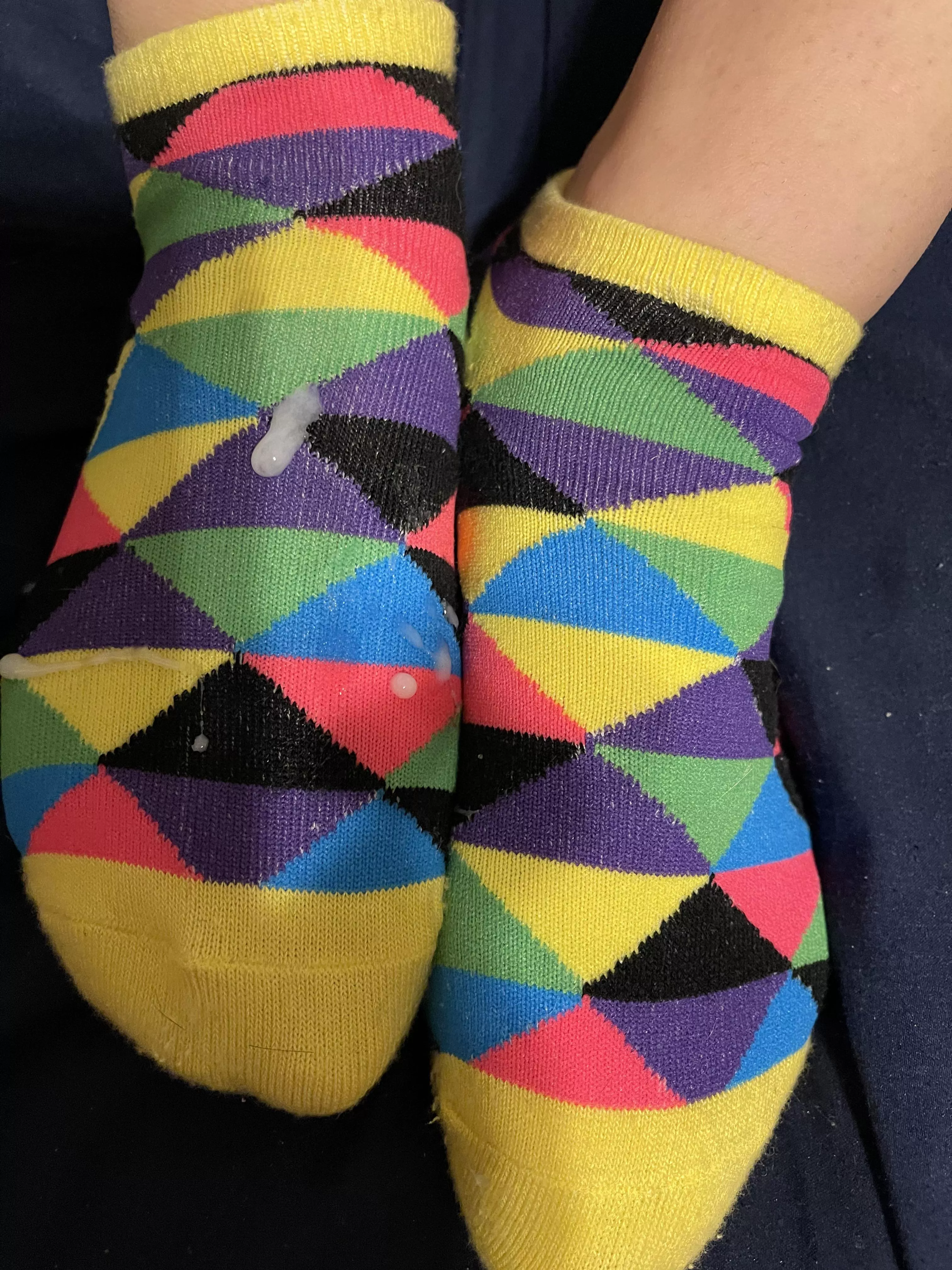 He can’t resist cumming on my colorful ankle socks