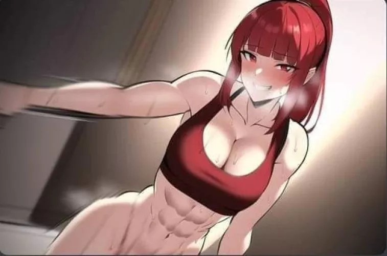 LF Color Source: 1girl, abs, red sports bra, red hair, blush, sweat, breasts, smiling, looking at viewer