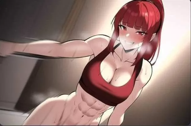 LF Color Source: 1girl, abs, red sports bra, red hair, blush, sweat, breasts, smiling, looking at viewer