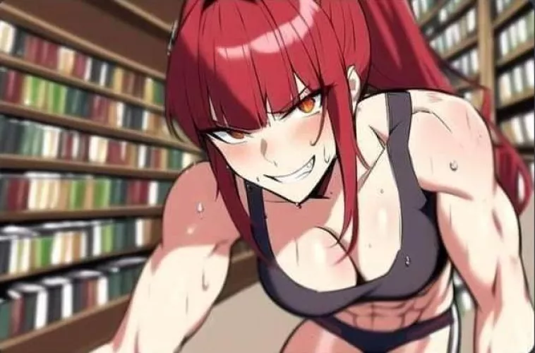 LF Color Source: 1girl, red hair, sports bra, sweat, breasts, blush, looking at viewer