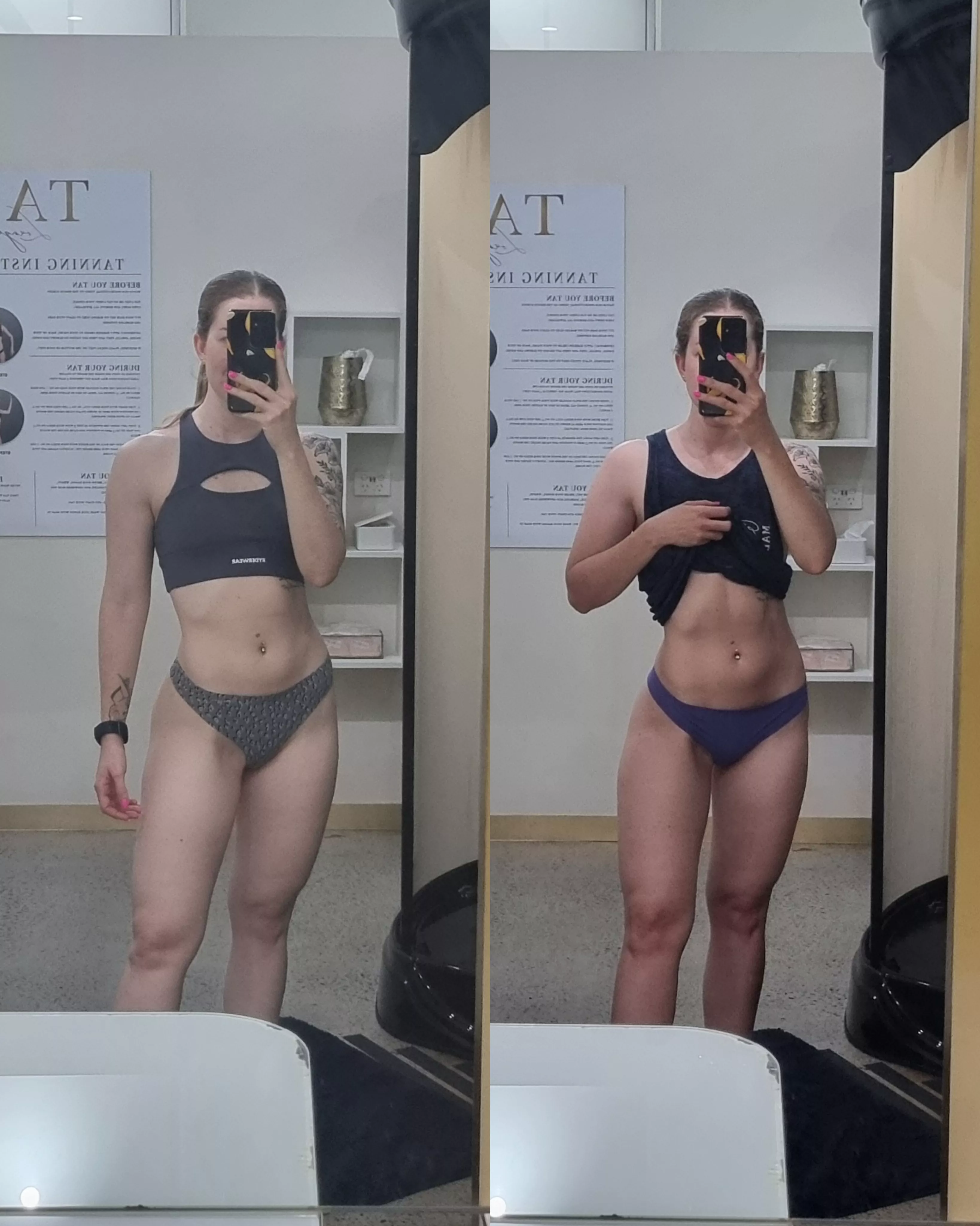 [F] pre tan & post tan ... it's like an instant ab & muscle reveal!