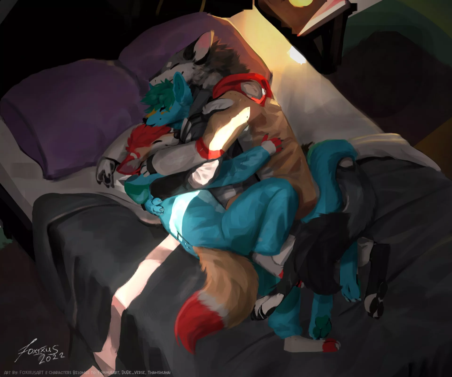 Fluffy Snuggle ❤💚💙 (characters by FoxixusArt, Dude_verse, Thanshuhai; art by me FoxixusArt in twitter)