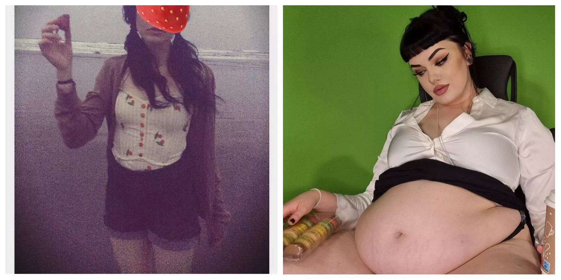 Before is size XS me eating strawberries on the beach and after is size XXXL me eating everything I want & recording it so I can be told what a good fatty I am 🥰