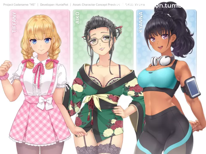 Character concept previews for dev’s newest project! He is looking for more artists 💖💚💙 ↓↓↓