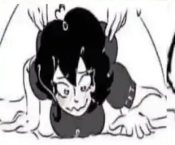 LF Color Source: black hair, grey shirt, 1girl, 1boy, from behind, blushing, doomer girl