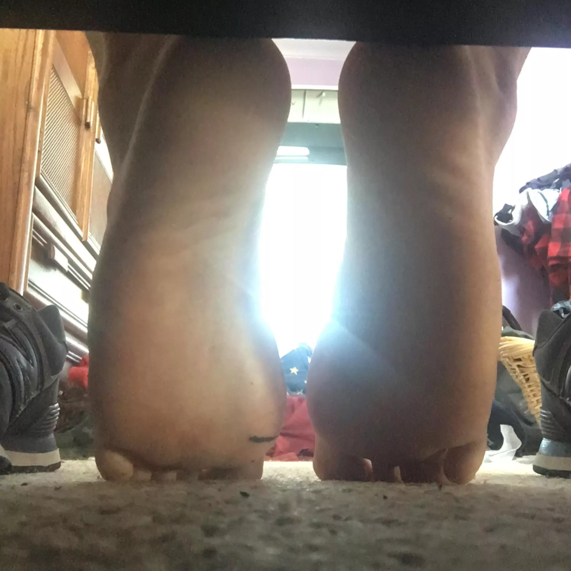 (M19) Not sure why we’re scared to hang our feet off the bed! It’s not like *anybody’s* under the bed waiting for my soft soles! ;)