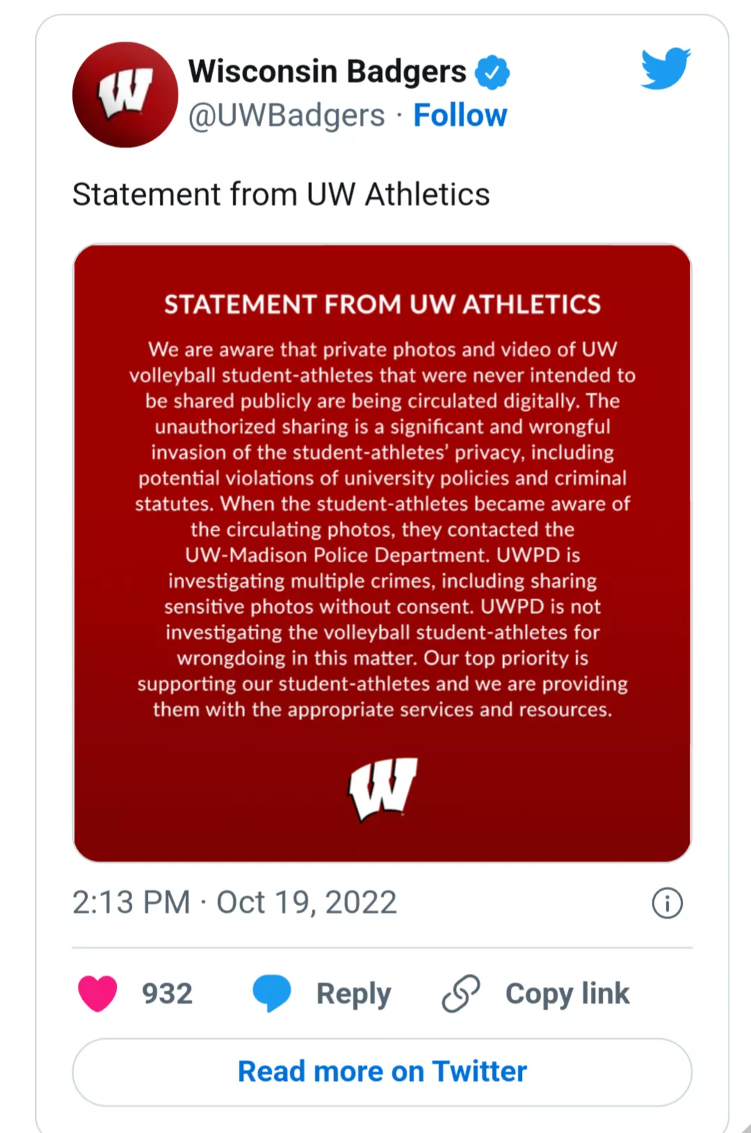 UW Madison reports that there are leaked private photos of the women’s volleyball team
