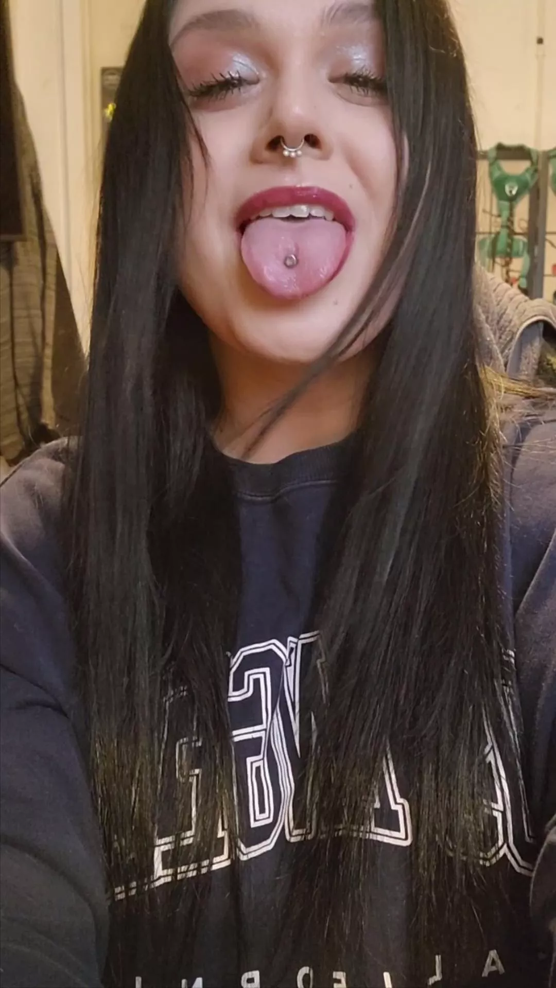 hiii reddit like my tongue ring?! =^_^= high as fuck at my human job.. can't wait to get home and smoke!!
