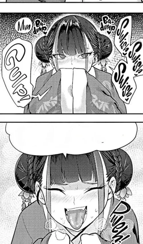 LF Mono Source: 1girl, black hair, 2 hair buns, straight bangs, long sleeves, sweating, fangs, tongue out, refreshing sigh, cropped, 