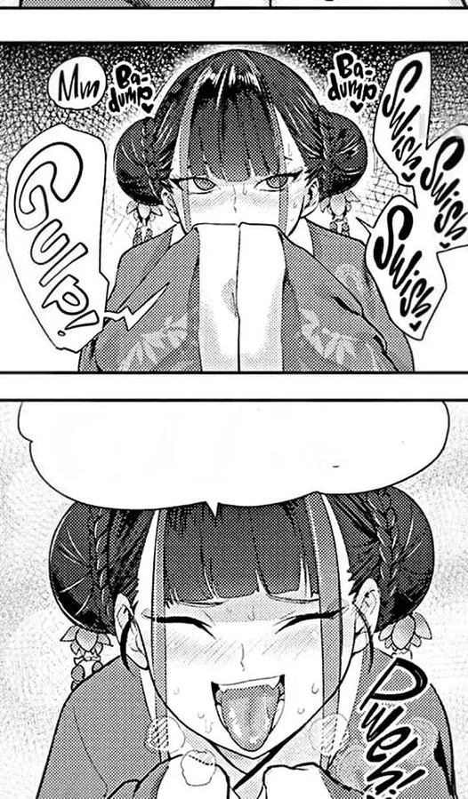 LF Mono Source: 1girl, black hair, 2 hair buns, straight bangs, long sleeves, sweating, fangs, tongue out, refreshing sigh, cropped, 