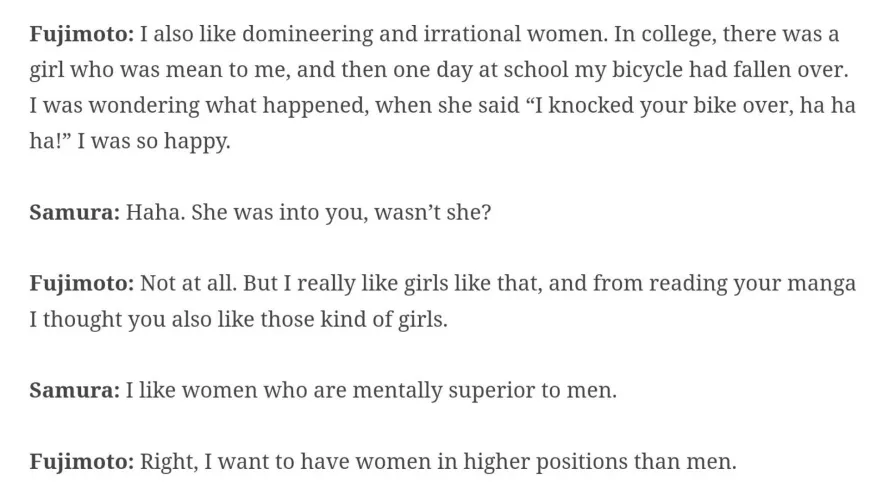 From an interview with Tatsuki Fujimoto (Chainsaw Man author) and Hiroaki Samura (Blade of the Immortal author)