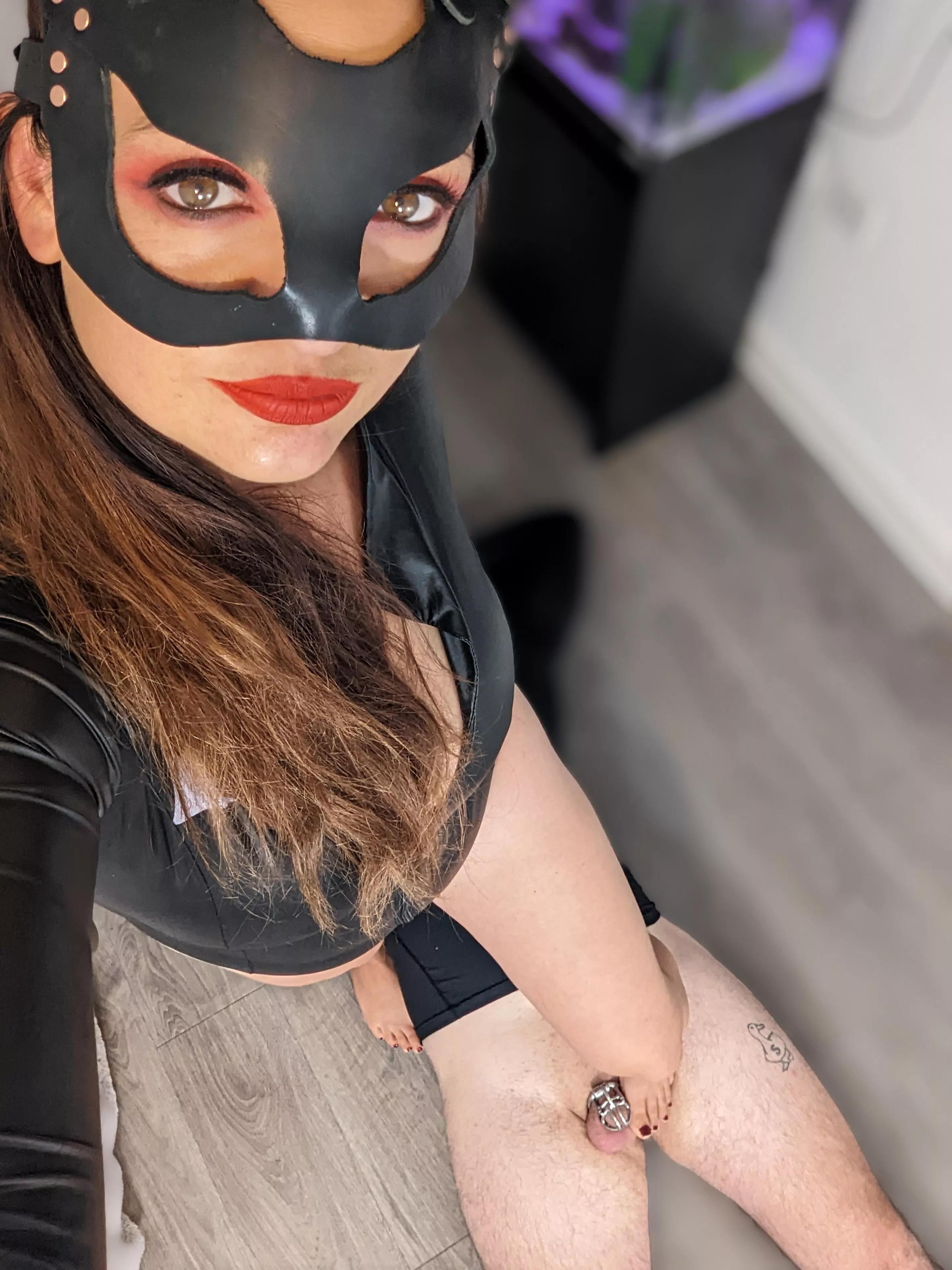 His chastity cage doesn't stop me stamping on his balls!