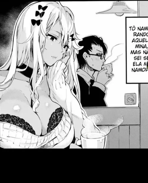LF Mono Source: 1girl, 1boy, drinking, dark skin, gyaru, glasses (dialog has be edited therefore unimportant)