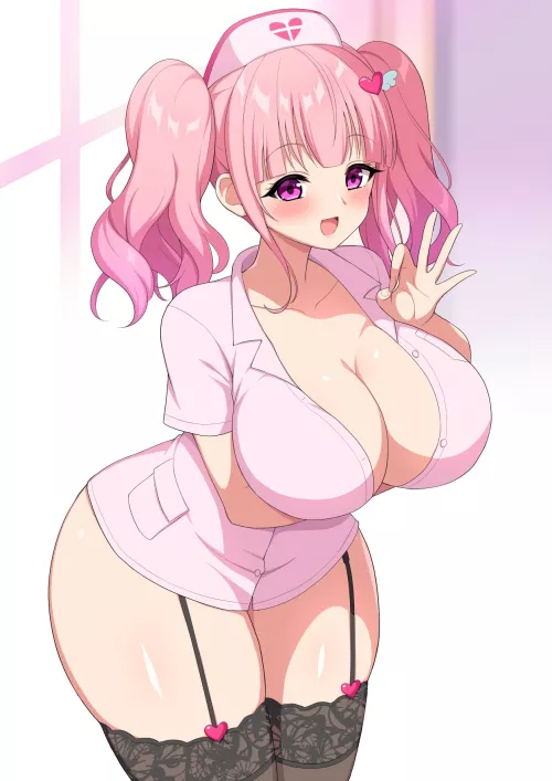 Pink-haired nurse with deep cleavage round thighs