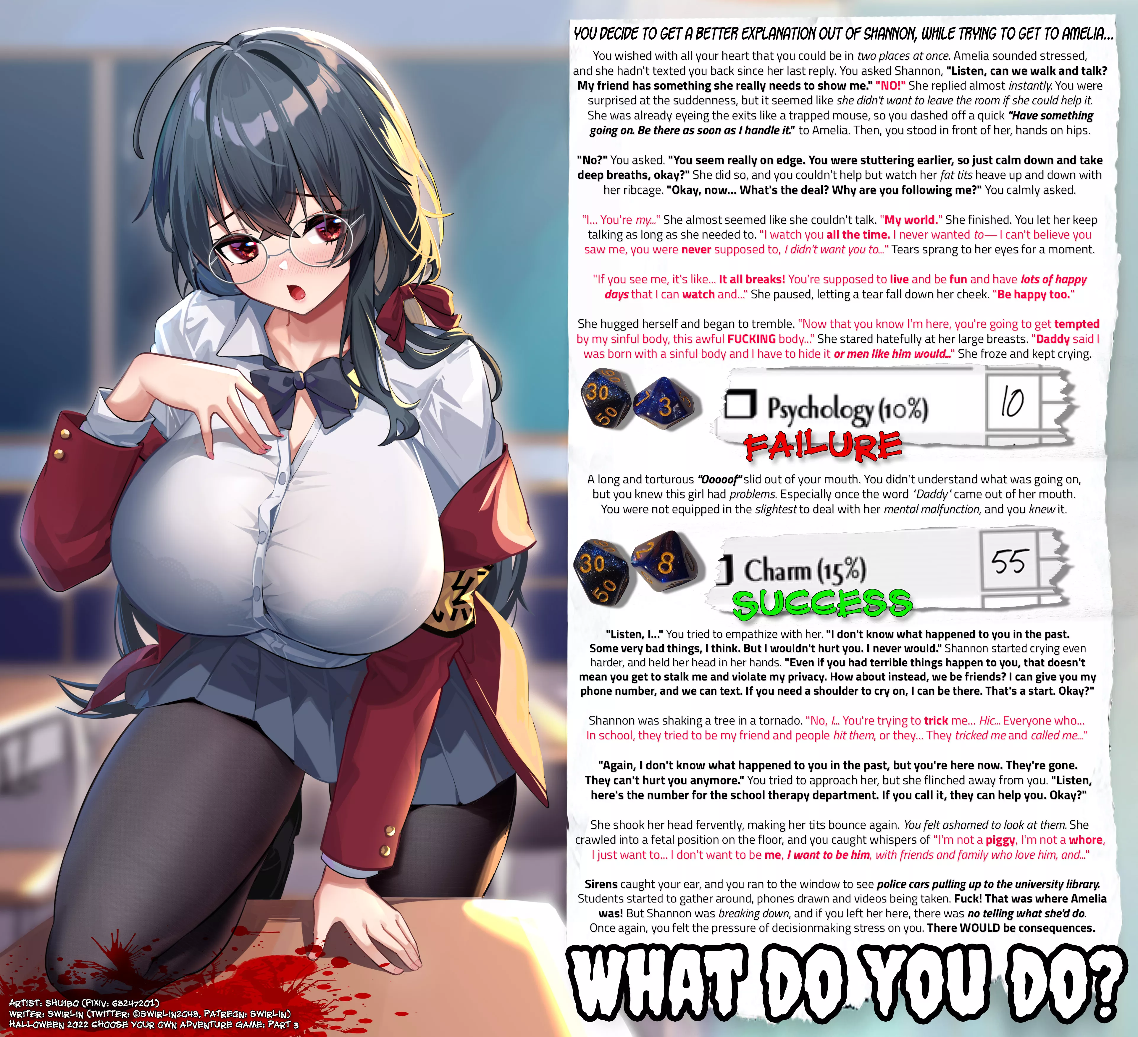 Swirlin's Halloween 2022 Caption CYOA - Part 3 [Series] [Horror] [Community Participation] [TTRPG System] [Stalker] -- TRIGGER WARNING: SEXUAL ASSAULT AND BULLYING --