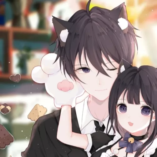 LF Color source: 1boy, 1girl, white animal paws, black animal ears, black necktie, neck bell, cookies, straight hair, black hair, blur background, couple, gray neck ribbon, black and white clothes