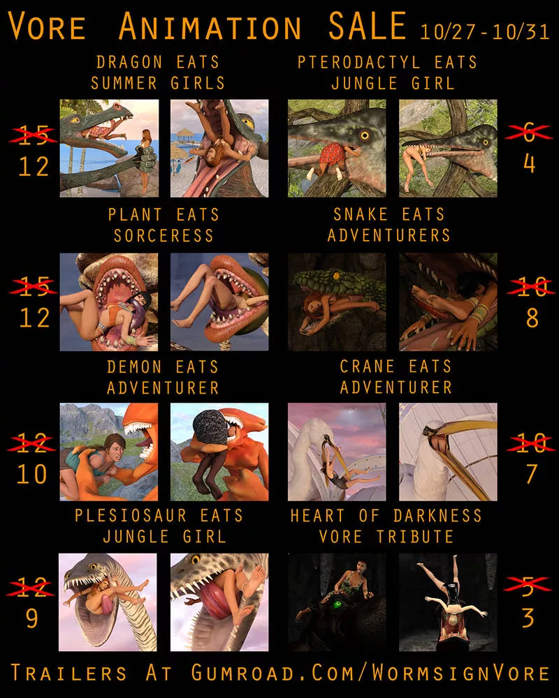 {Video}(AD)Halloween Vore Animation Sale!(?/Non Human)(F/Human)(Soft)(Oral)(unwilling)(nsfw)(POV VR)(OC: WormsignVore Animations)