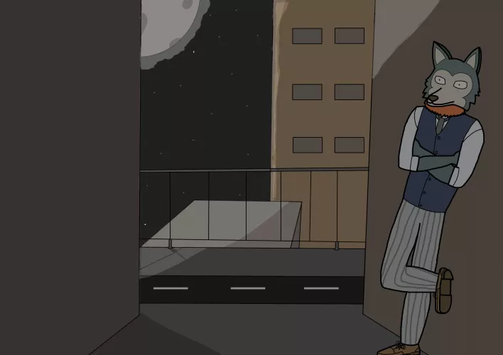 Drawing of a friend fursona, i tried to add shadows and a background (art by me)