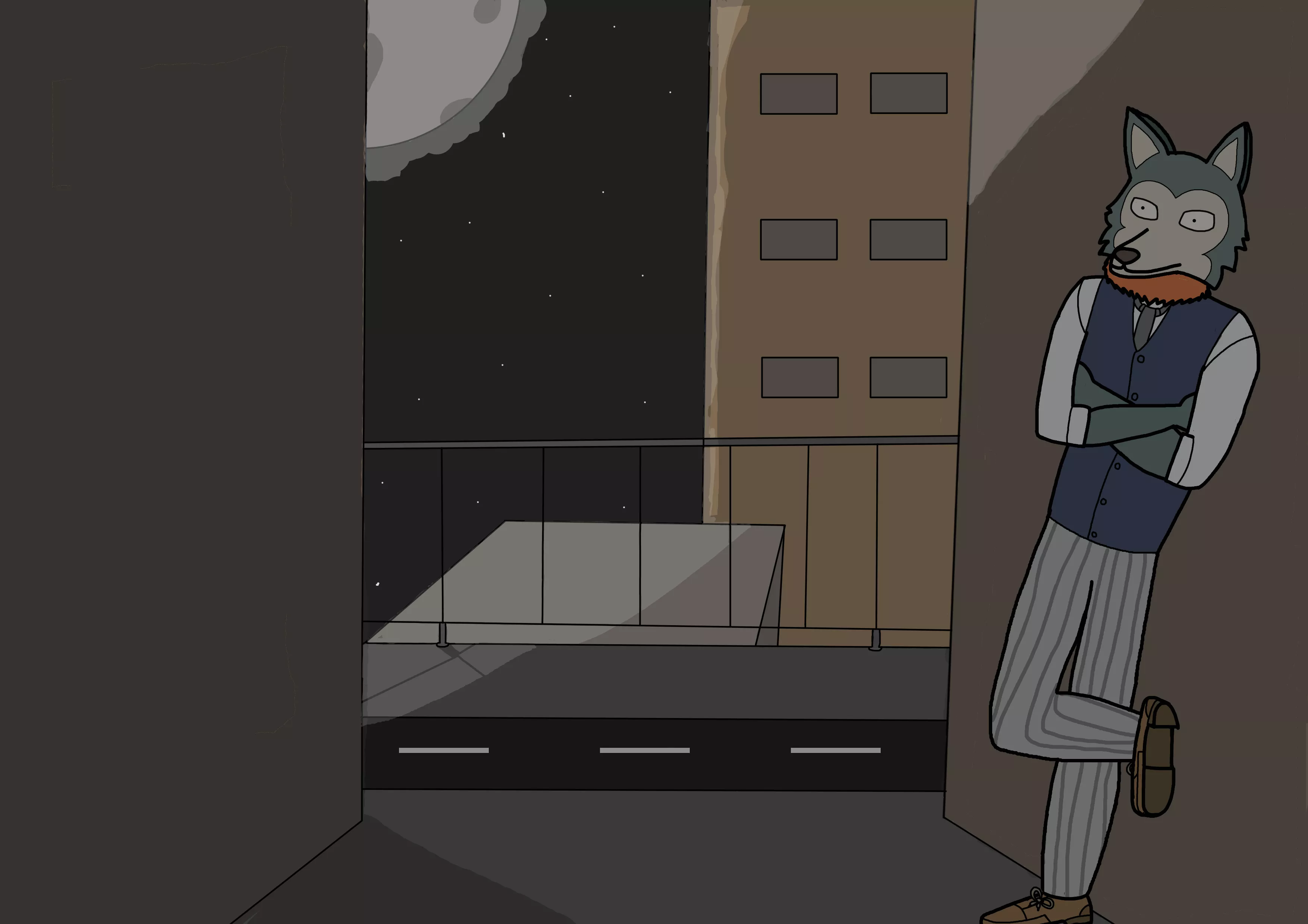 Drawing of a friend fursona, i tried to add shadows and a background (art by me)