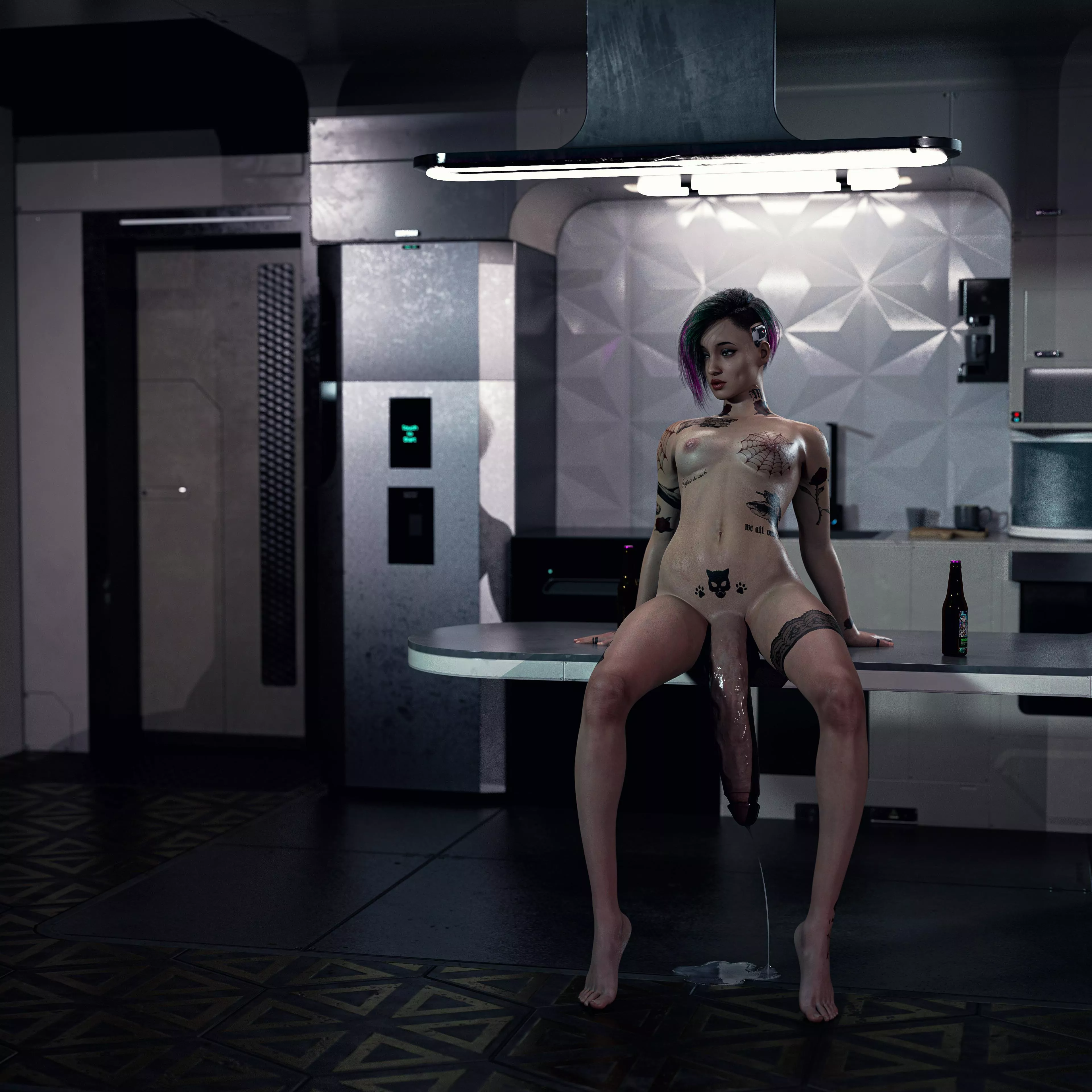 Her big cock wont stop leaking. (Judy Alvarez, Cyberpunk 2077)