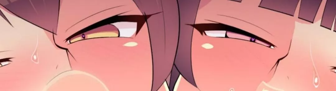 LF color source: 2girls, brown_hair, sweat, blushing, heart-shaped_pupils